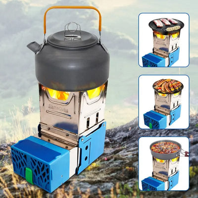 FlameCube™ Ultra-Compact Wood-Burning Camping Stove – Foldable Survival Cooker with USB Charging & Emergency Powerbank